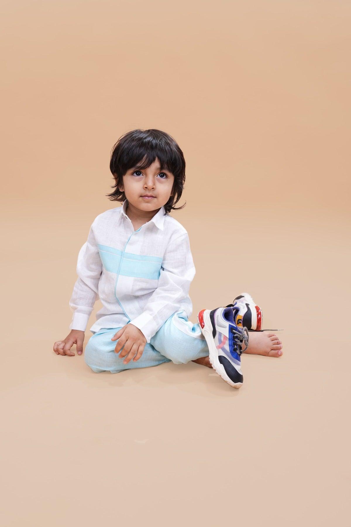 Striped Pure Linen Premium Co-ords - White - Sky Blue - Funny Bones Clothings