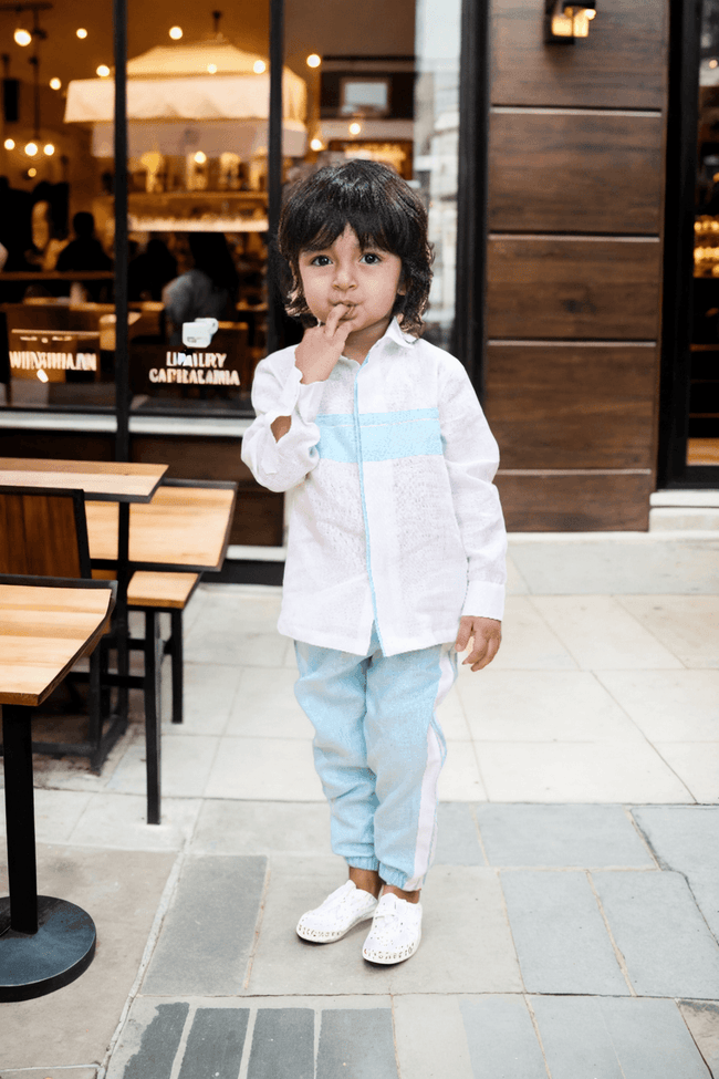 Striped Style White Sky Blue Color Pure Linen Shirt - Funny Bones Clothings