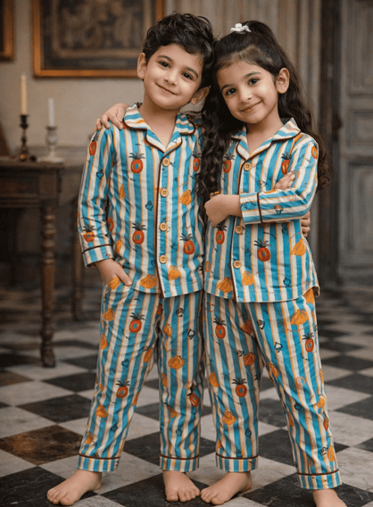 Stripes and Citrus Premium Italian Cotton Night Suit - Funny Bones Clothings