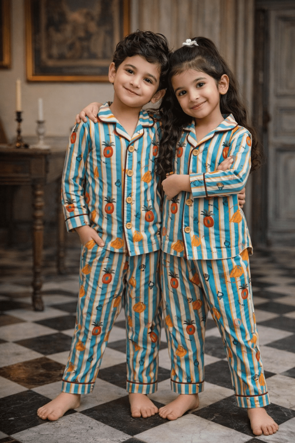 Stripes and Citrus Premium Italian Cotton Night Suit - Funny Bones Clothings