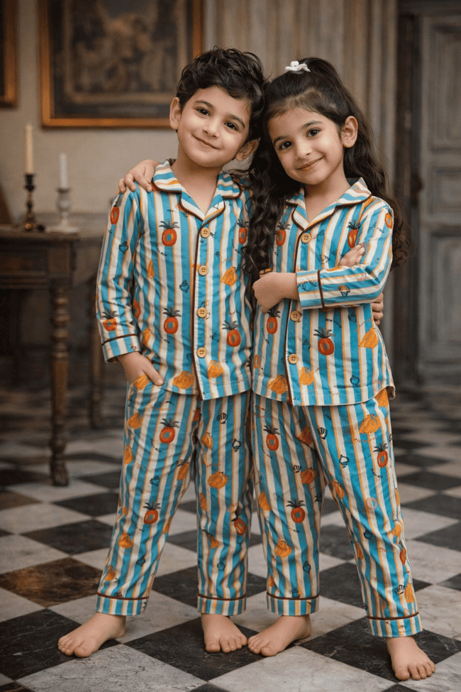 Stripes and Citrus Premium Italian Cotton Night Suit - Funny Bones Clothings