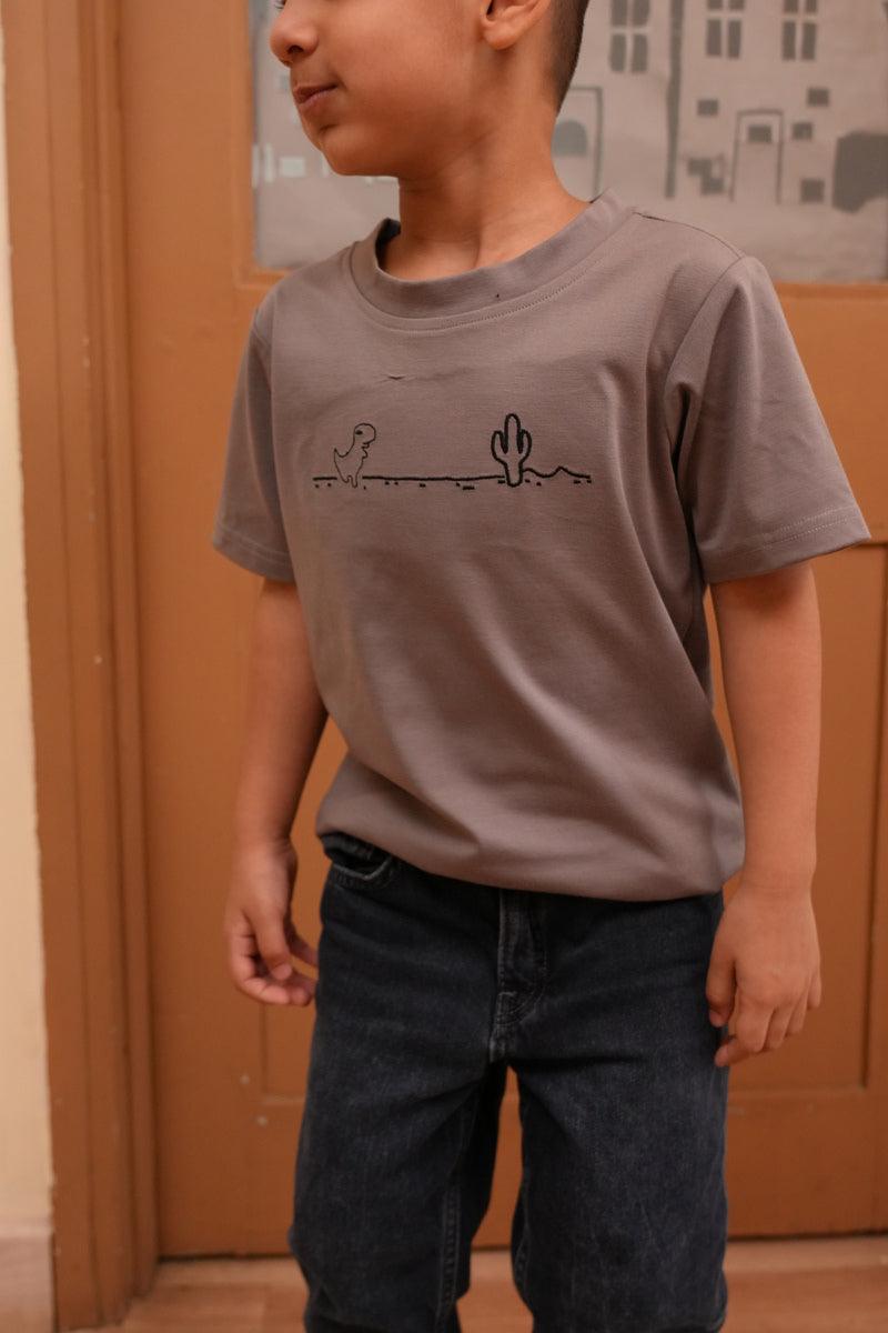 Tencel™ Fabric Dino Walking in Forest Themed Embroidered Half Sleeves T-Shirt - Funny Bones Clothings