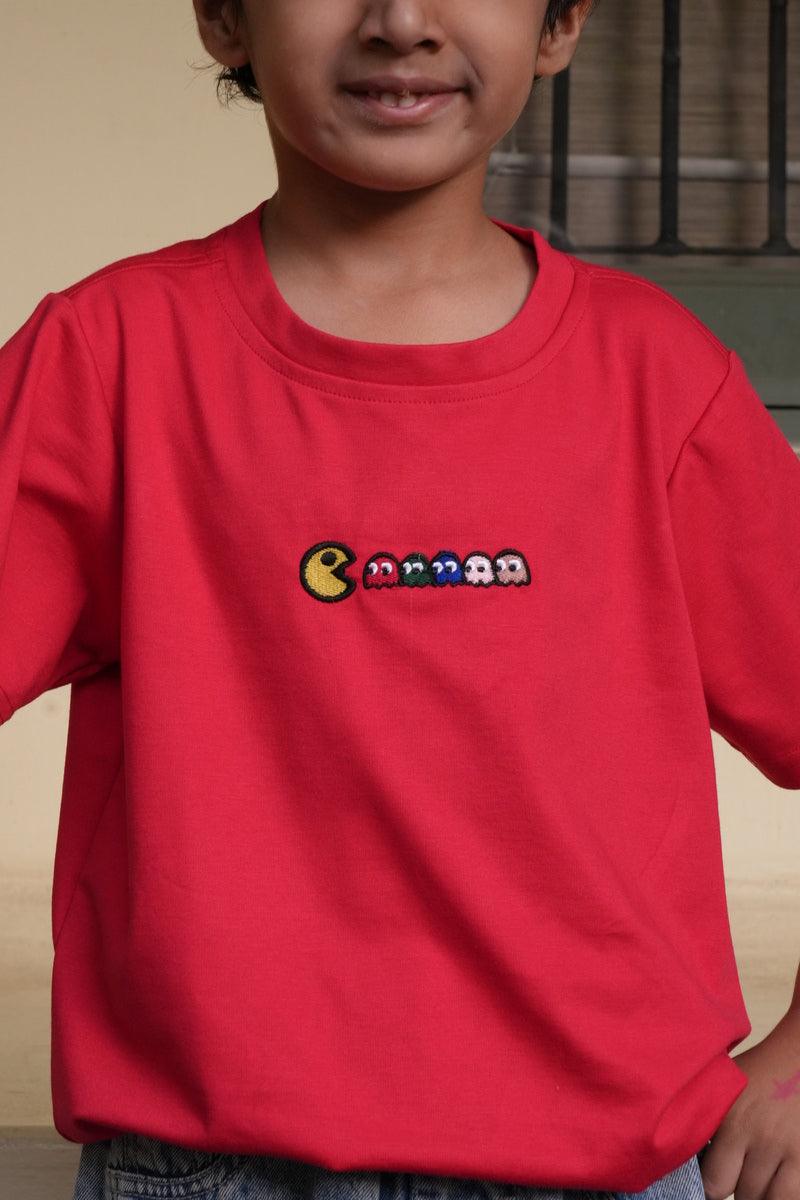 Tencel™ Fabric Pacman Inspired Embroidered Half Sleeves T-Shirt - Funny Bones Clothings