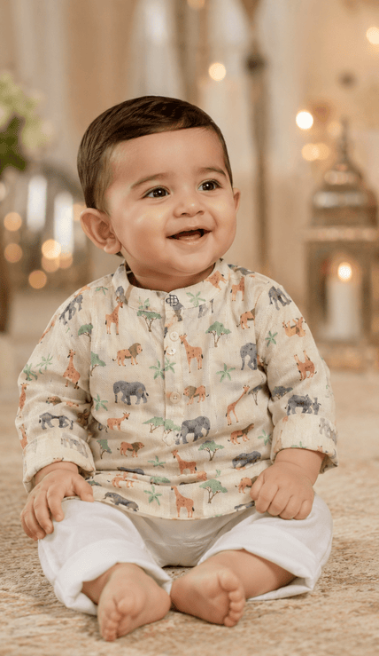 The African Animals Print Pure Bamboo Muslin Cotton Kurta Pajama Set - Funny Bones Clothings