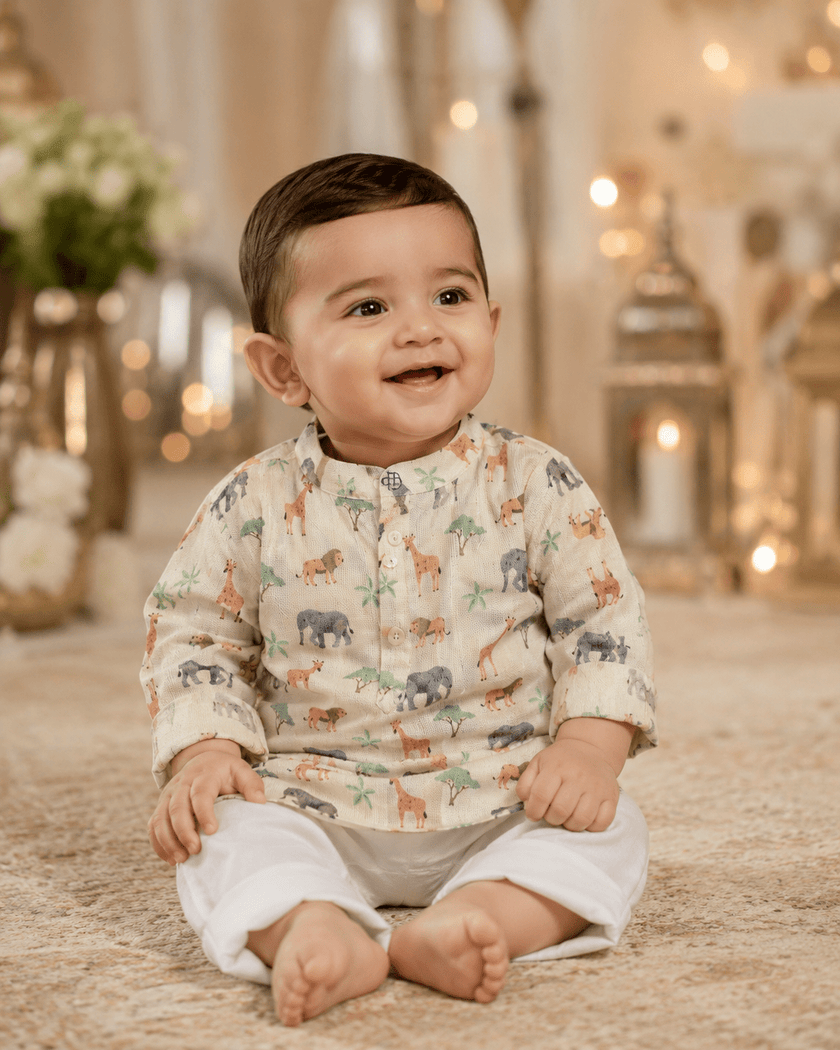 The African Animals Print Pure Bamboo Muslin Cotton Kurta Pajama Set - Funny Bones Clothings