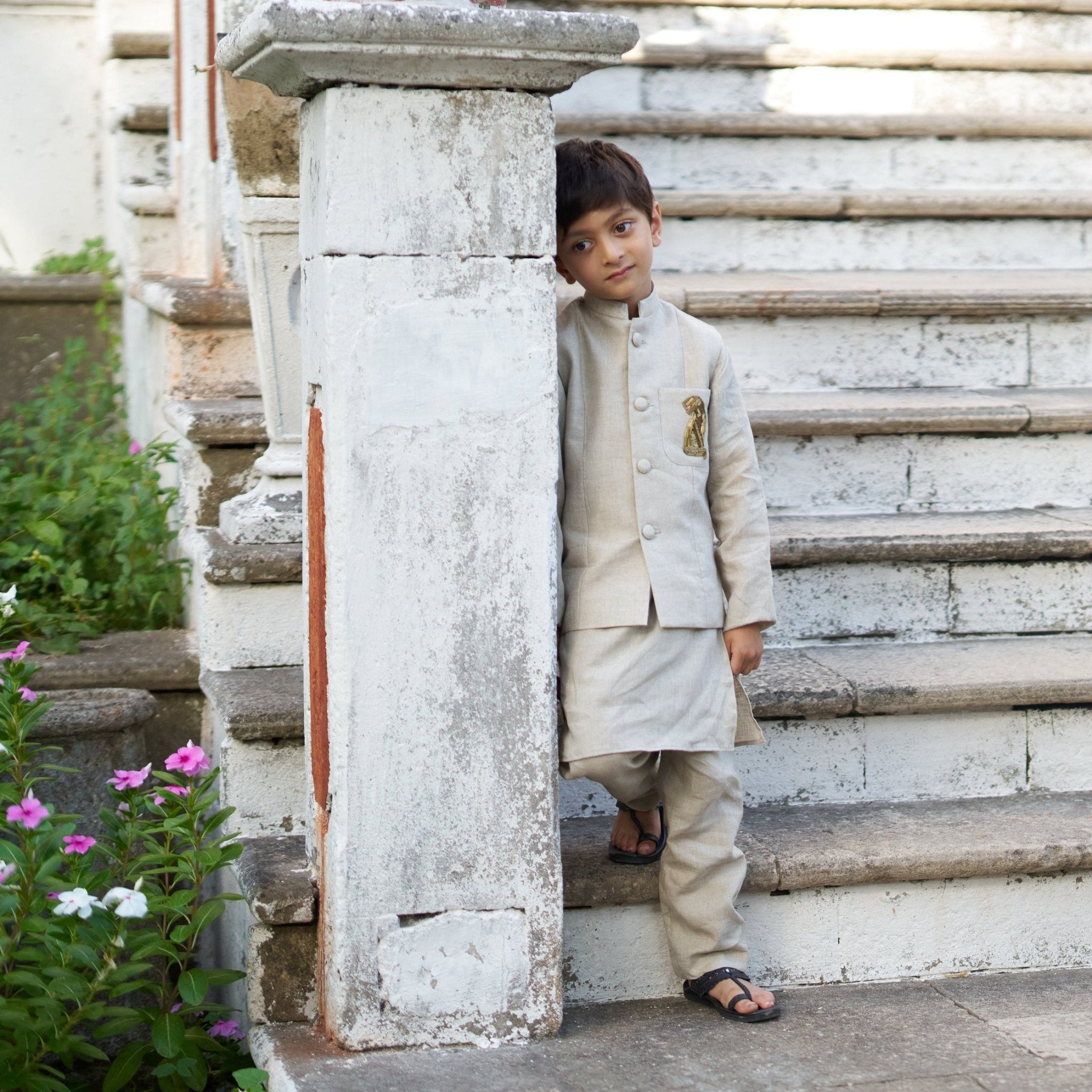 The Aristocrat Pure Linen Hand Embroidered Koti Kurta Pajama Set - Funny Bones Clothings