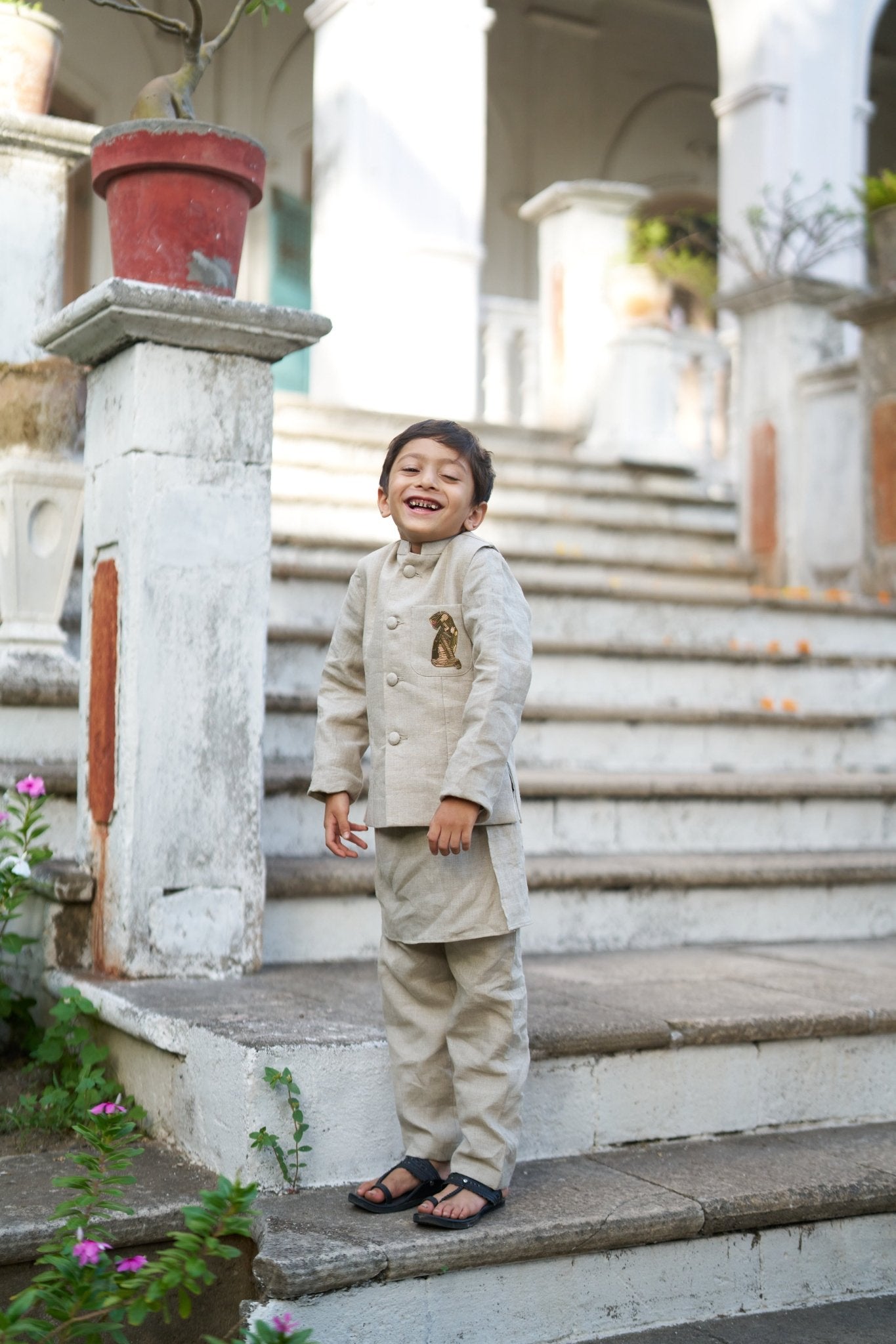 The Aristocrat Pure Linen Hand Embroidered Koti Kurta Pajama Set - Funny Bones Clothings