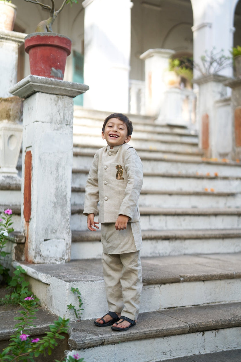 The Aristocrat Pure Linen Hand Embroidered Koti Kurta Pajama Set - Funny Bones Clothings