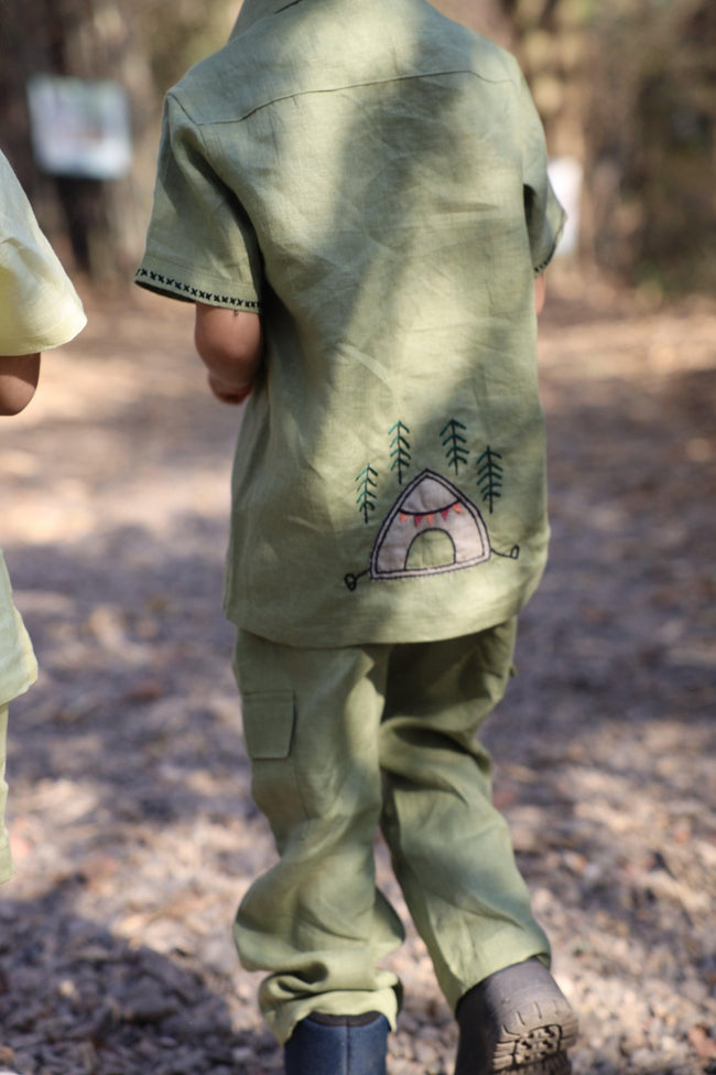 The Gilded Trails And Tent inspired Pure Linen Handwork Unisex Coord Set - Green - Funny Bones Clothings