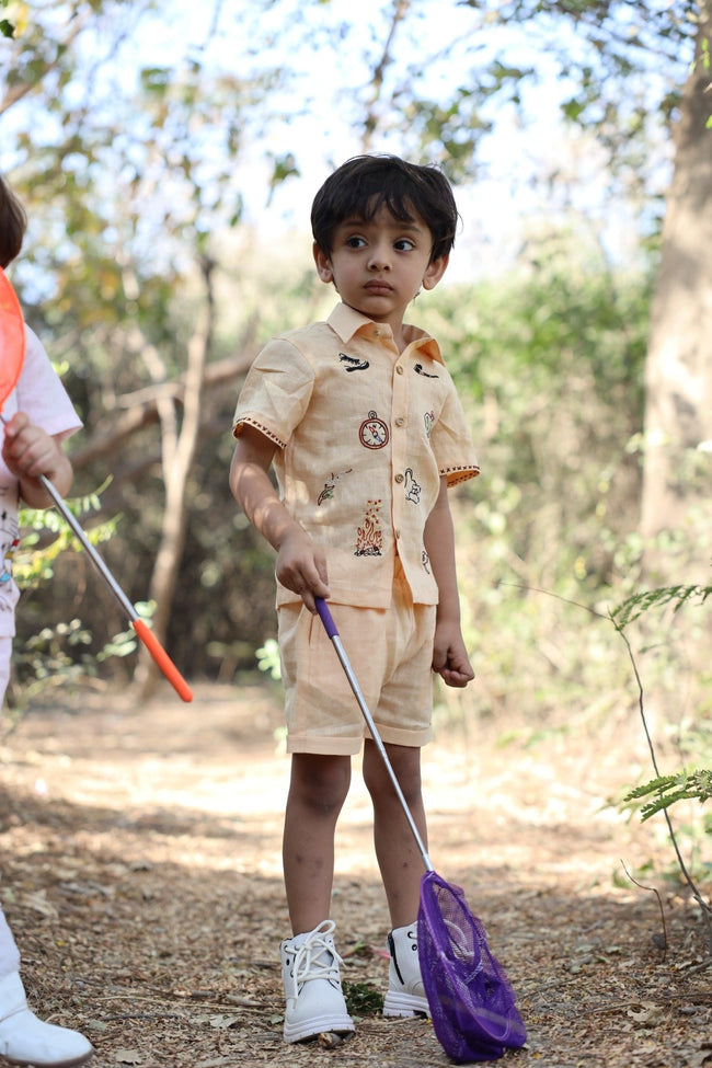 The Gilded Trails And Tent inspired Pure Linen Handwork Unisex Coord Set - Peach - Funny Bones Clothings