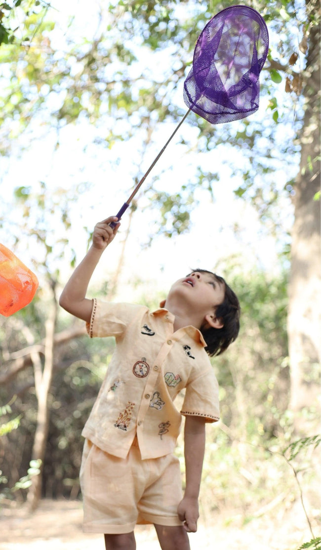 The Gilded Trails And Tent inspired Pure Linen Handwork Unisex Coord Set - Peach - Funny Bones Clothings