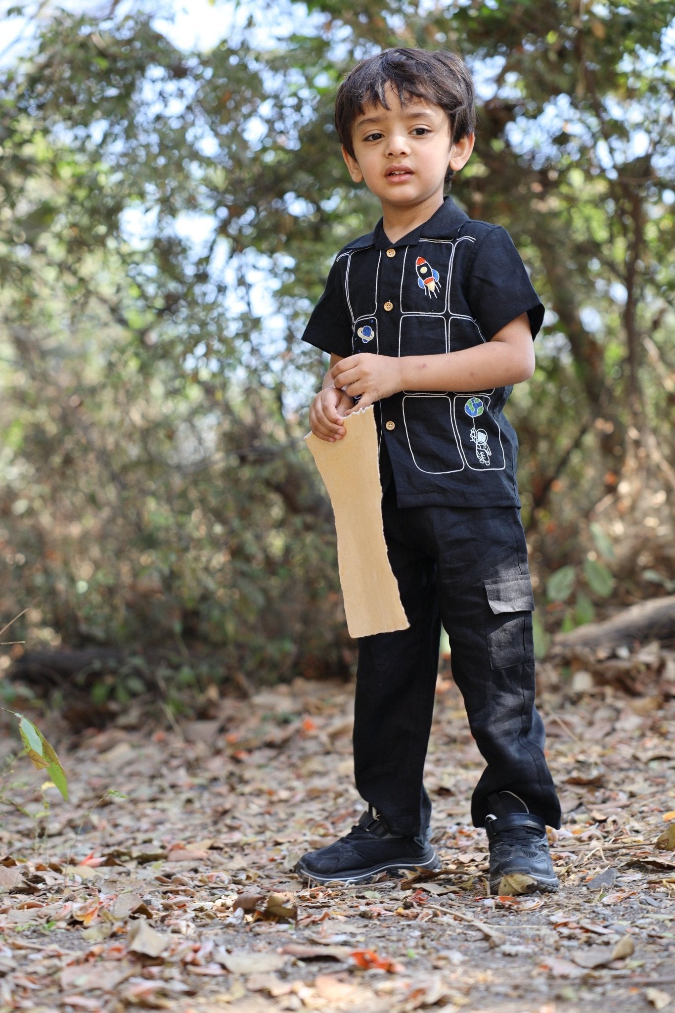 The Imperial Stars And Shuttles inspired Pure Linen Handwork Unisex Coord Set - Black - Funny Bones Clothings