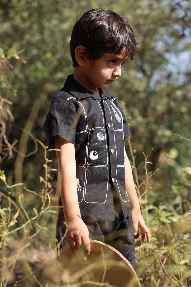 The Imperial Stars And Shuttles inspired Pure Linen Handwork Unisex Coord Set - Black - Funny Bones Clothings