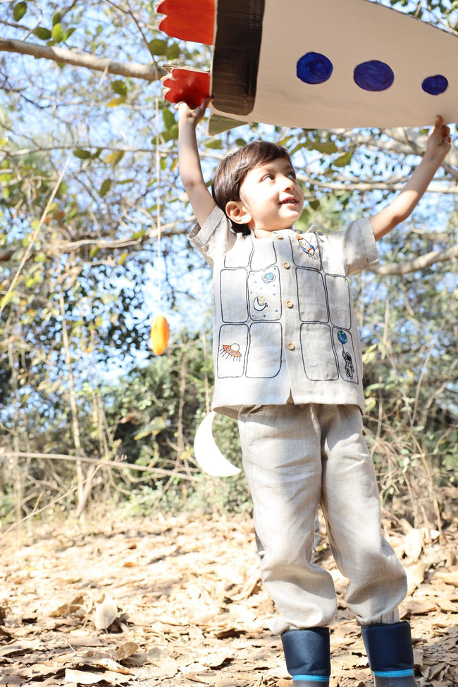 The Imperial Stars And Shuttles inspired Pure Linen Handwork Unisex Coord Set - Khakhi - Funny Bones Clothings