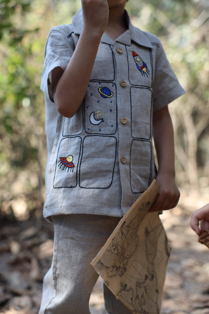 The Imperial Stars And Shuttles inspired Pure Linen Handwork Unisex Coord Set - Khakhi - Funny Bones Clothings