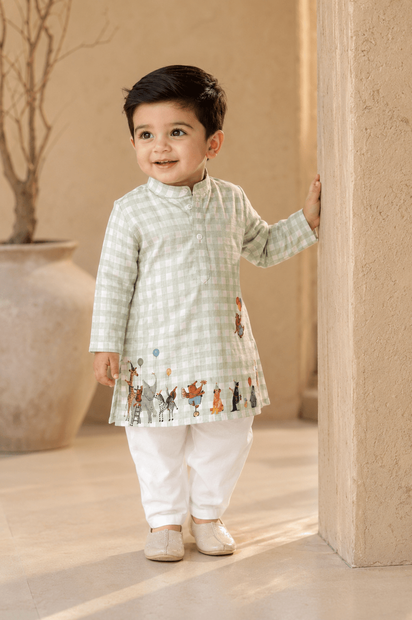 The Mint Green Checks Print Pure Bamboo Muslin Cotton Kurta Pajama Set - Funny Bones Clothings
