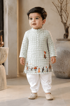 The Mint Green Checks Print Pure Bamboo Muslin Cotton Kurta Pajama Set - Funny Bones Clothings