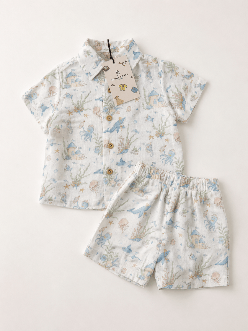 The Secret Marine Life Print Pure Bamboo Muslin Cotton Coord Set - Funny Bones Clothings