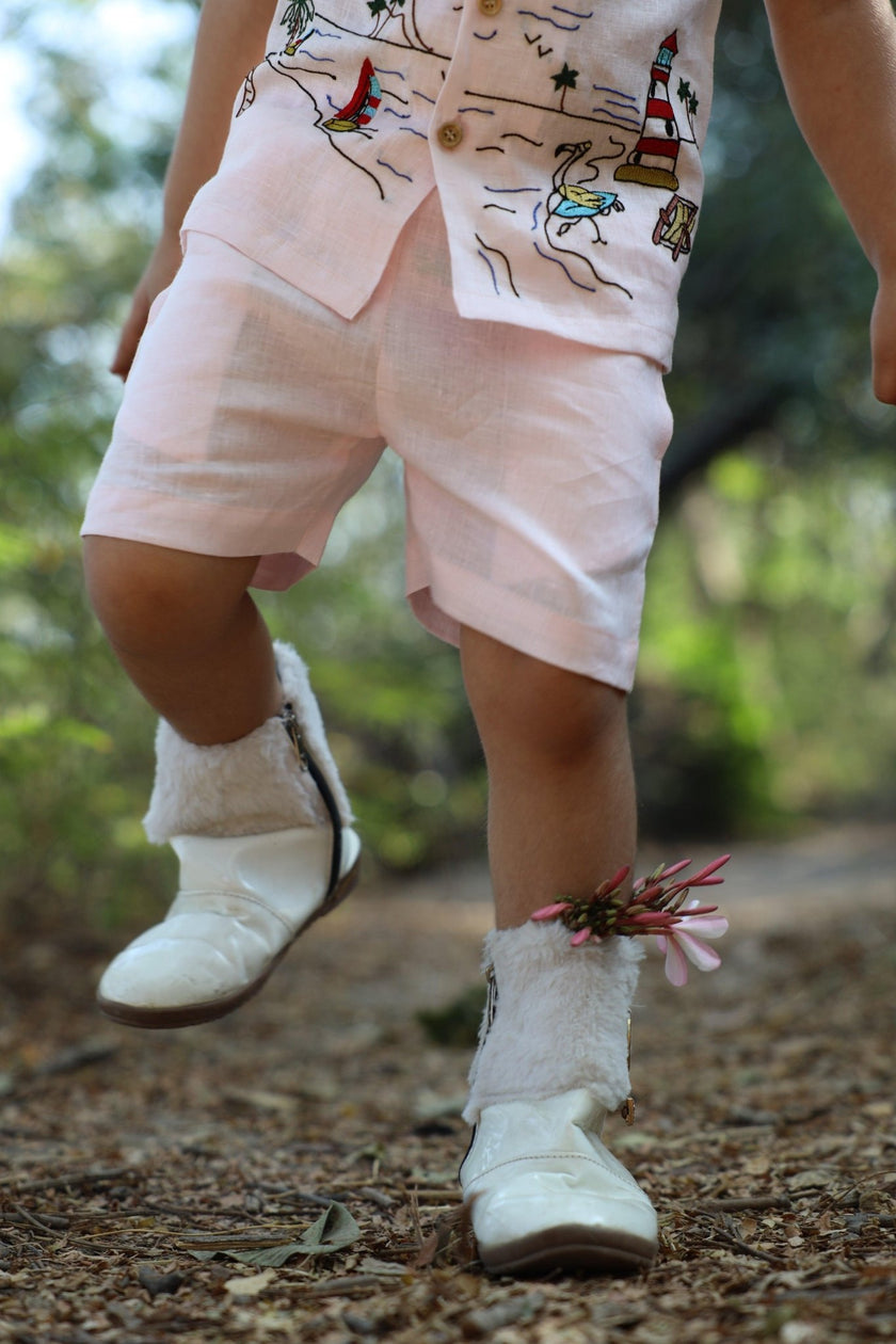The Serenity By The Shore inspired Pure Linen Handwork Unisex Coord Set - Pink - Funny Bones Clothings