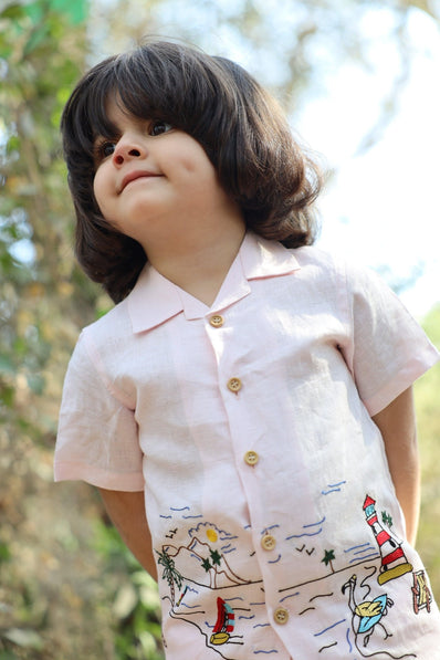 The Serenity By The Shore inspired Pure Linen Handwork Unisex Coord Set - Pink - Funny Bones Clothings