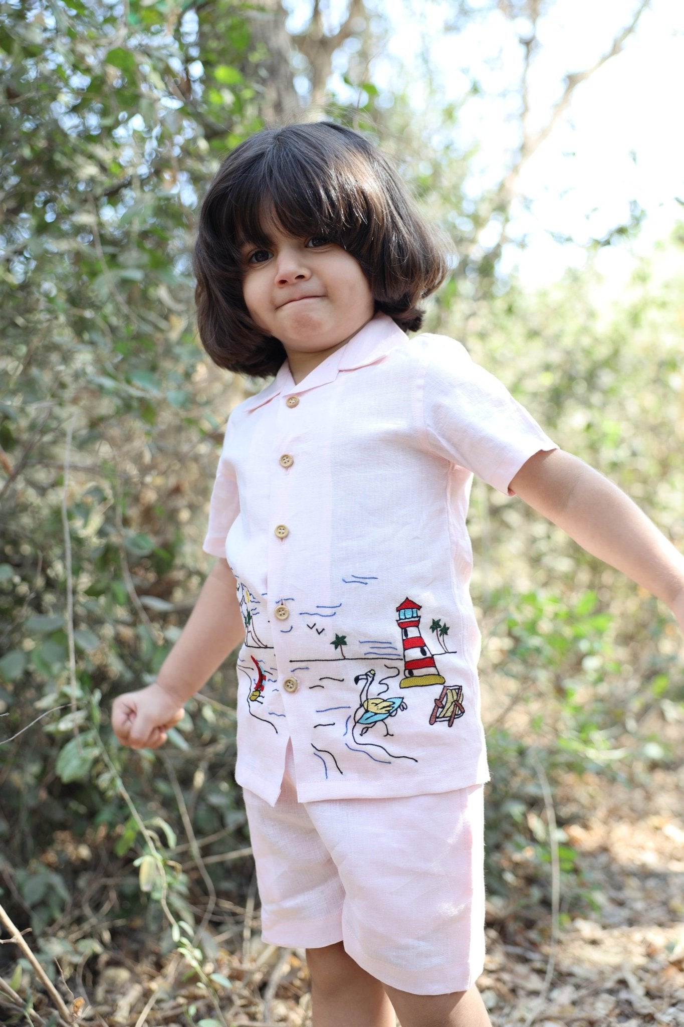 The Serenity By The Shore inspired Pure Linen Handwork Unisex Coord Set - Pink - Funny Bones Clothings