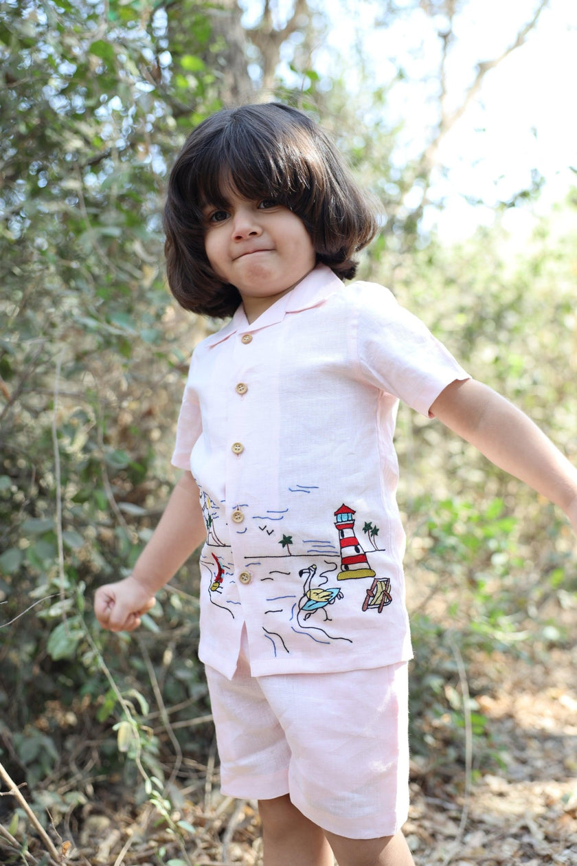 The Serenity By The Shore inspired Pure Linen Handwork Unisex Coord Set - Pink - Funny Bones Clothings