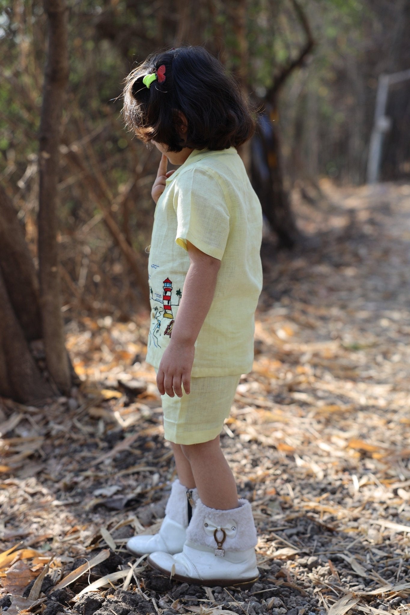 The Serenity By The Shore inspired Pure Linen Handwork Unisex Coord Set - Yellow - Funny Bones Clothings
