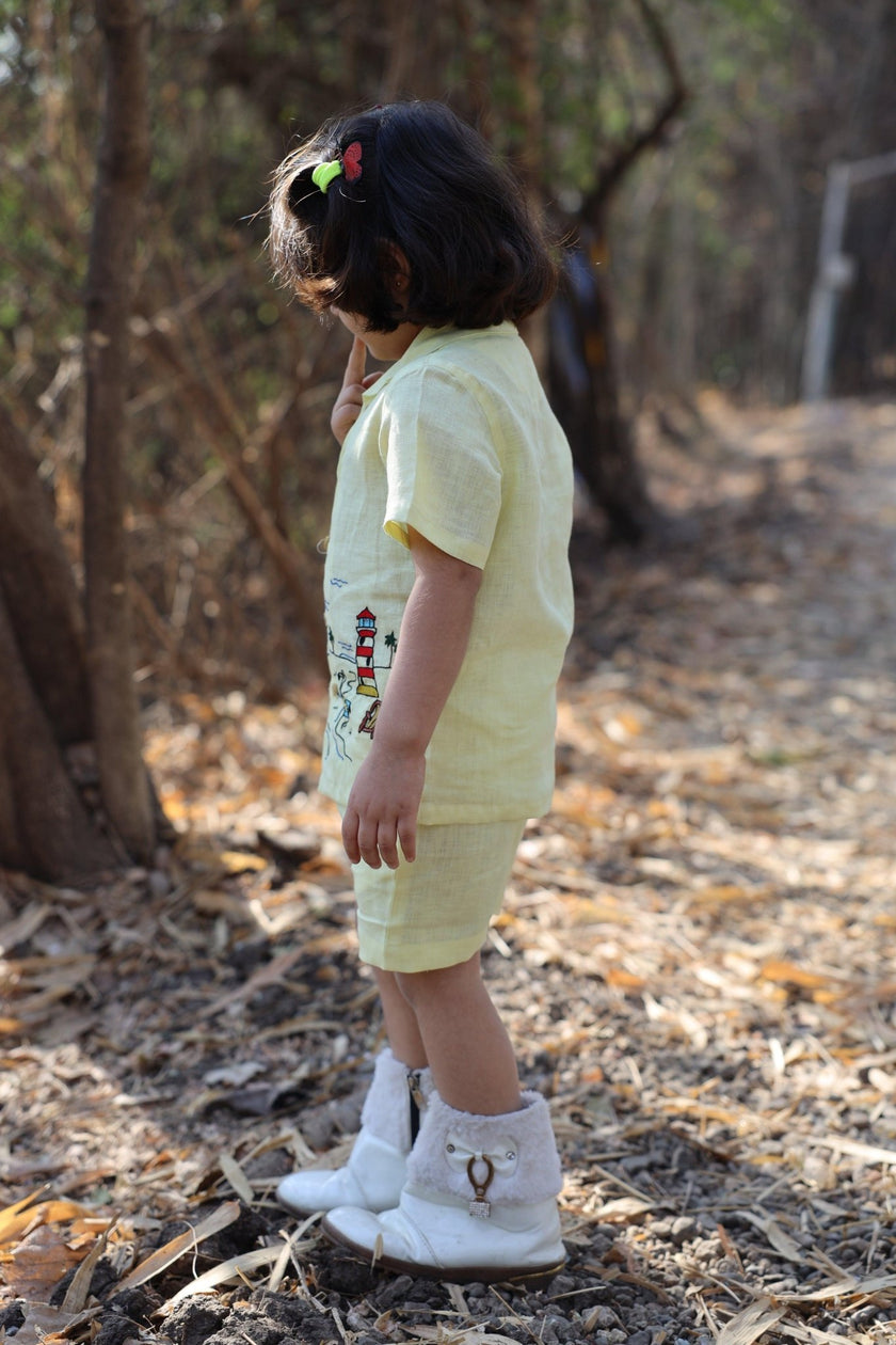 The Serenity By The Shore inspired Pure Linen Handwork Unisex Coord Set - Yellow - Funny Bones Clothings
