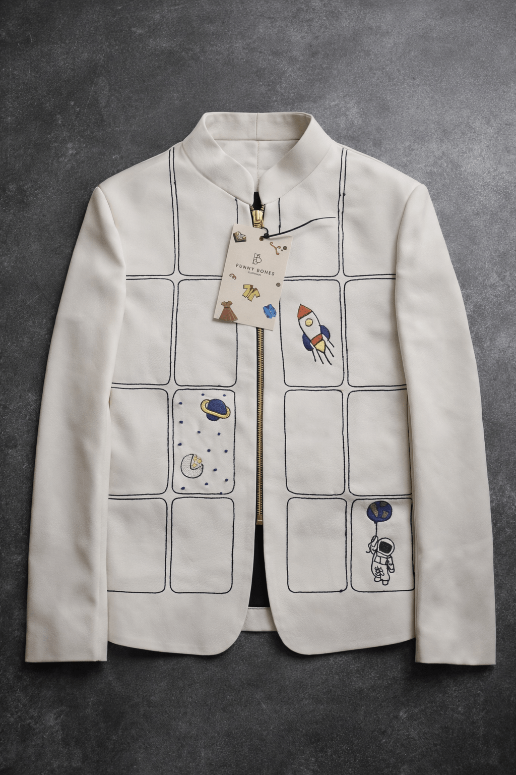 The Space Themed Off White Colour Zipper Bomber Jacket with Black pants - Funny Bones Clothings