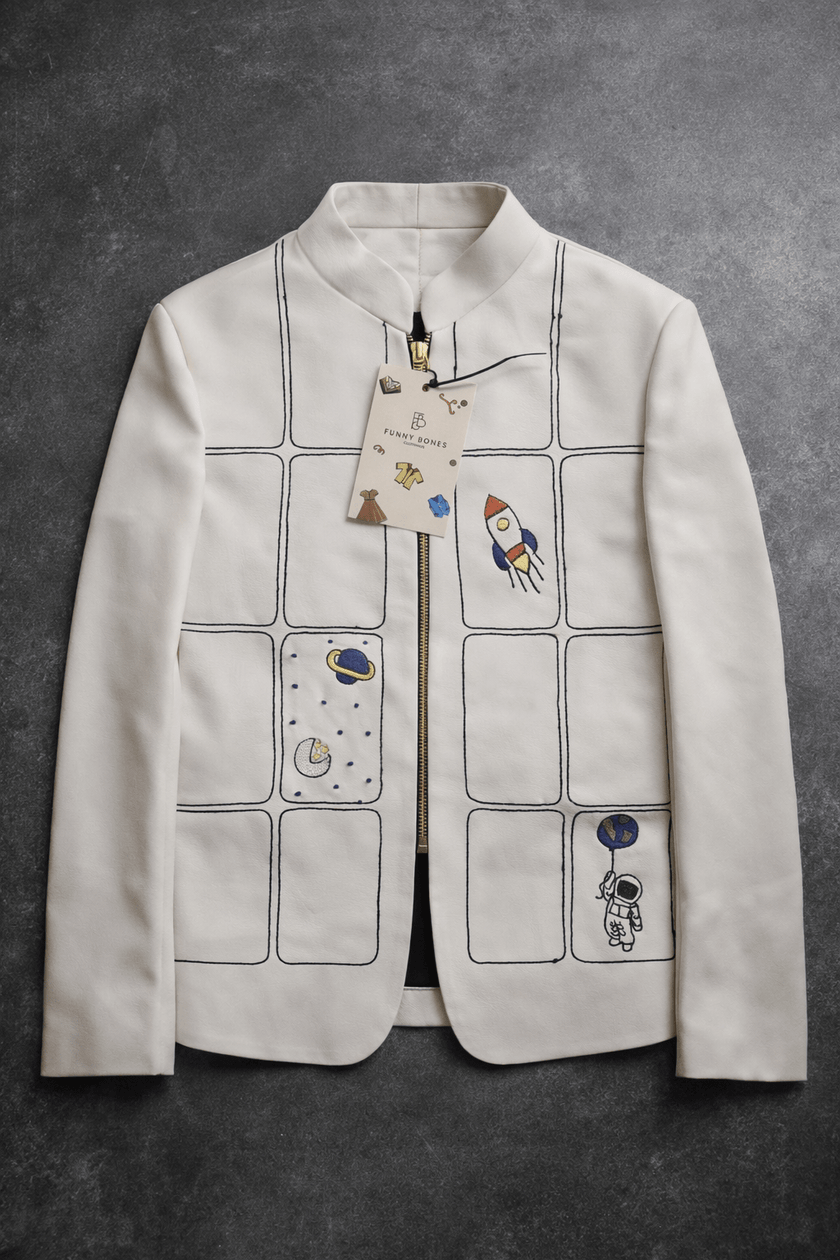 The Space Themed Off White Colour Zipper Bomber Jacket with Black pants - Funny Bones Clothings