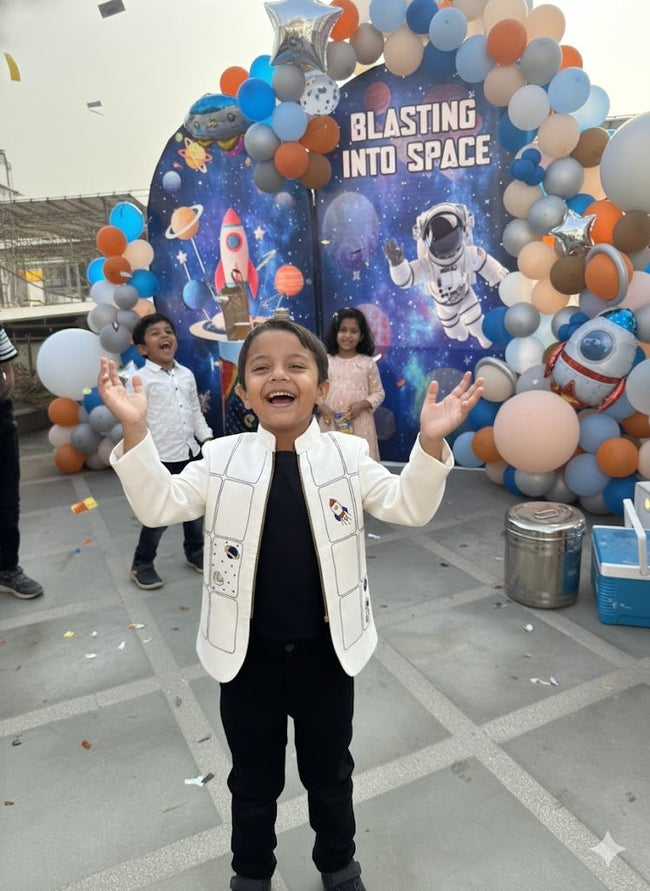 The Space Themed Off White Colour Zipper Bomber Jacket with Black pants - Funny Bones Clothings