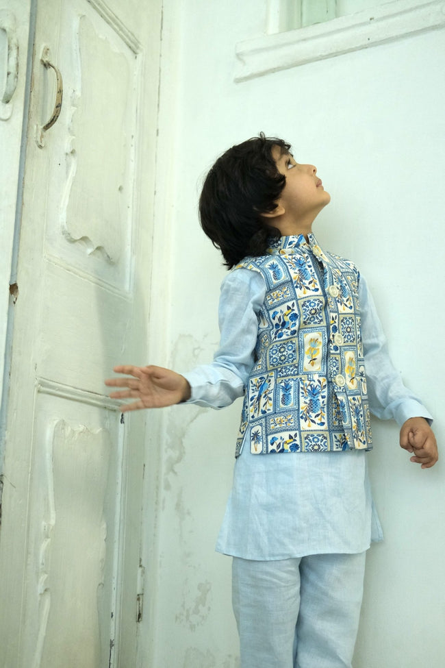 The Tropical Print Pure Satin Koti Pure Linen Kurta Pajama Set - Funny Bones Clothings