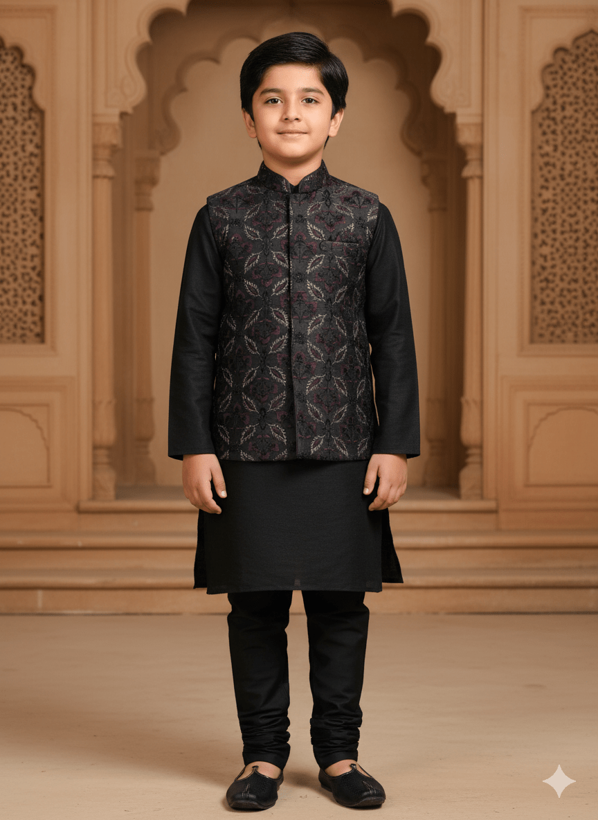 Threaded Blossom Embriodered Silk Koti Pure Cotton Kurta Pajama Set - Black - Funny Bones Clothings