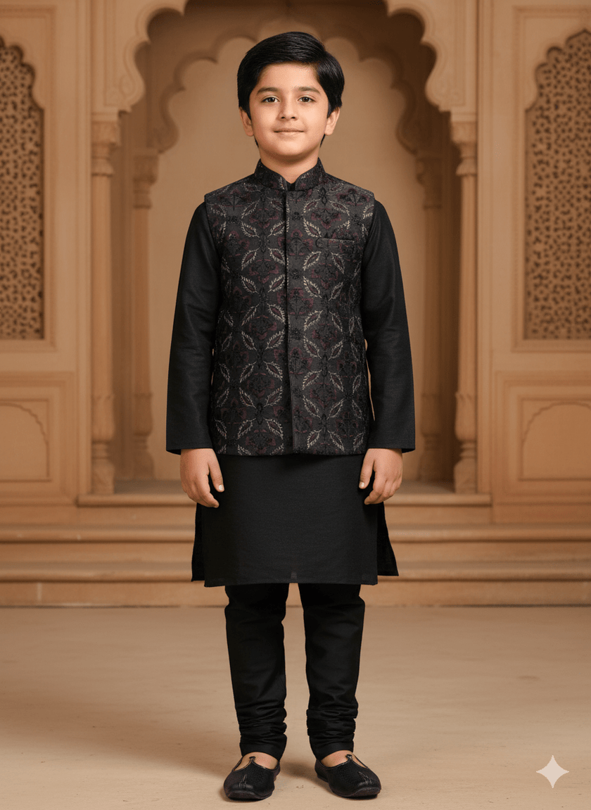 Threaded Blossom Embriodered Silk Koti Pure Cotton Kurta Pajama Set - Black - Funny Bones Clothings