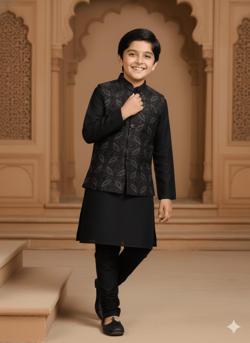 Threaded Blossom Embriodered Silk Koti Pure Cotton Kurta Pajama Set - Black - Funny Bones Clothings