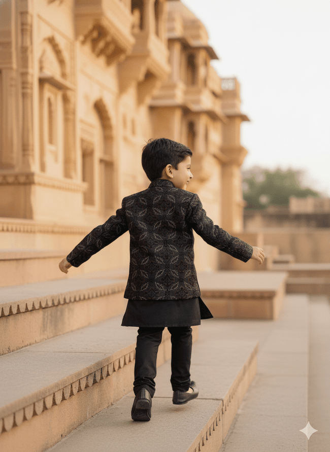 Threaded Blossom Embriodered Silk Open Jodhpuri Pure Cotton Kurta Pajama Set - Black - Funny Bones Clothings