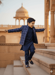 Threaded Blossom Embriodered Silk Open Jodhpuri Pure Cotton Kurta Pajama Set - Blue - Funny Bones Clothings
