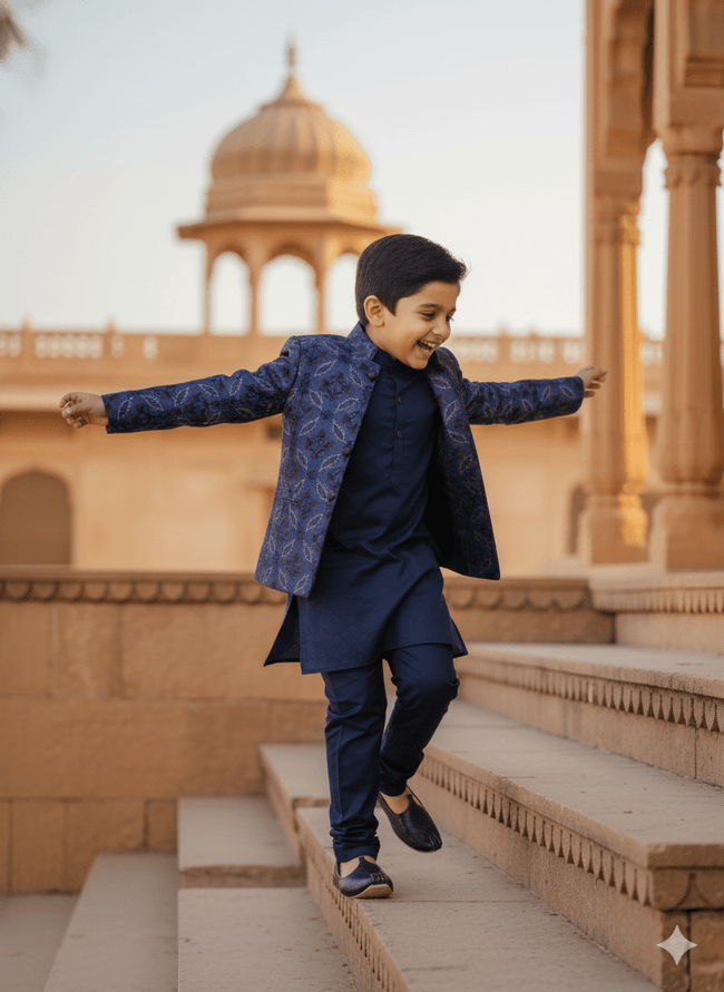 Threaded Blossom Embriodered Silk Open Jodhpuri Pure Cotton Kurta Pajama Set - Blue - Funny Bones Clothings