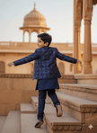 Threaded Blossom Embriodered Silk Open Jodhpuri Pure Cotton Kurta Pajama Set - Blue - Funny Bones Clothings