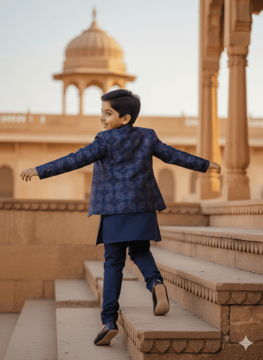 Threaded Blossom Embriodered Silk Open Jodhpuri Pure Cotton Kurta Pajama Set - Blue - Funny Bones Clothings