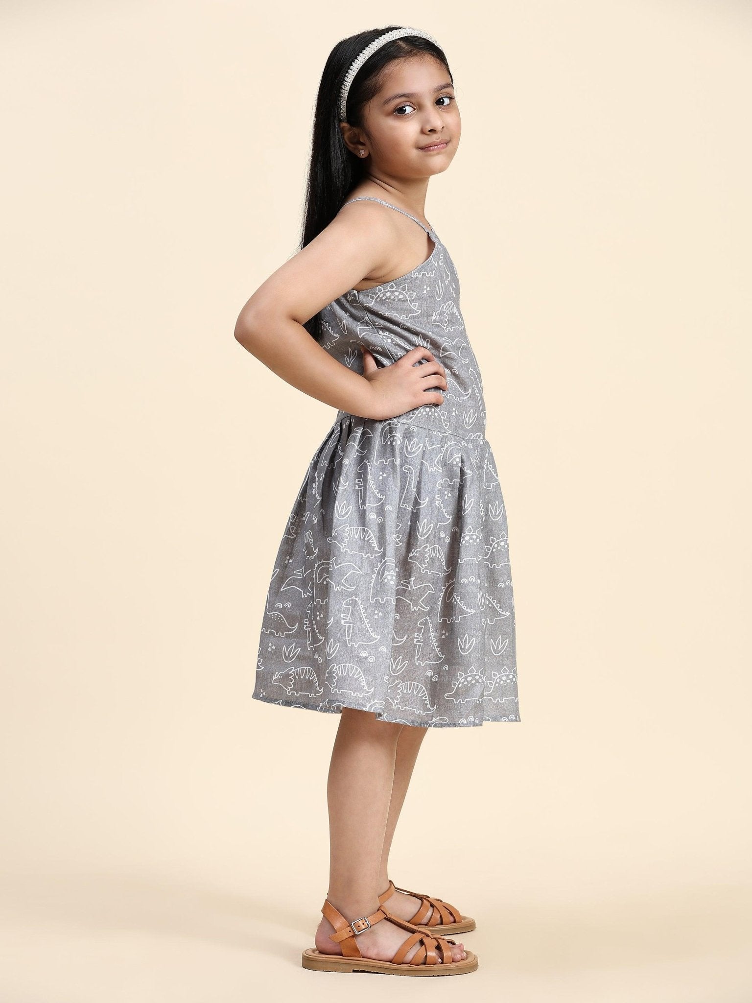 TopSkirt Styled Dino Print Pure Linen Dress - Funny Bones Clothings