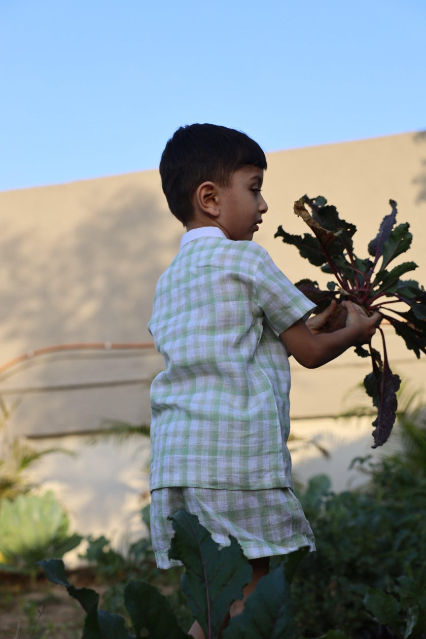 Verdant Checks Pure Linen Co-ord Sets - Funny Bones Clothings