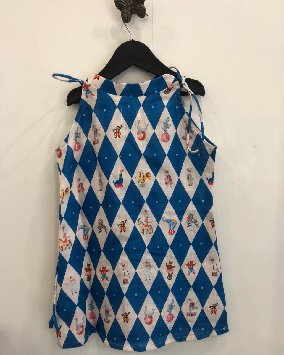 Vintage Circus Harlequin Print Premium Linen Dress - Funny Bones Clothings