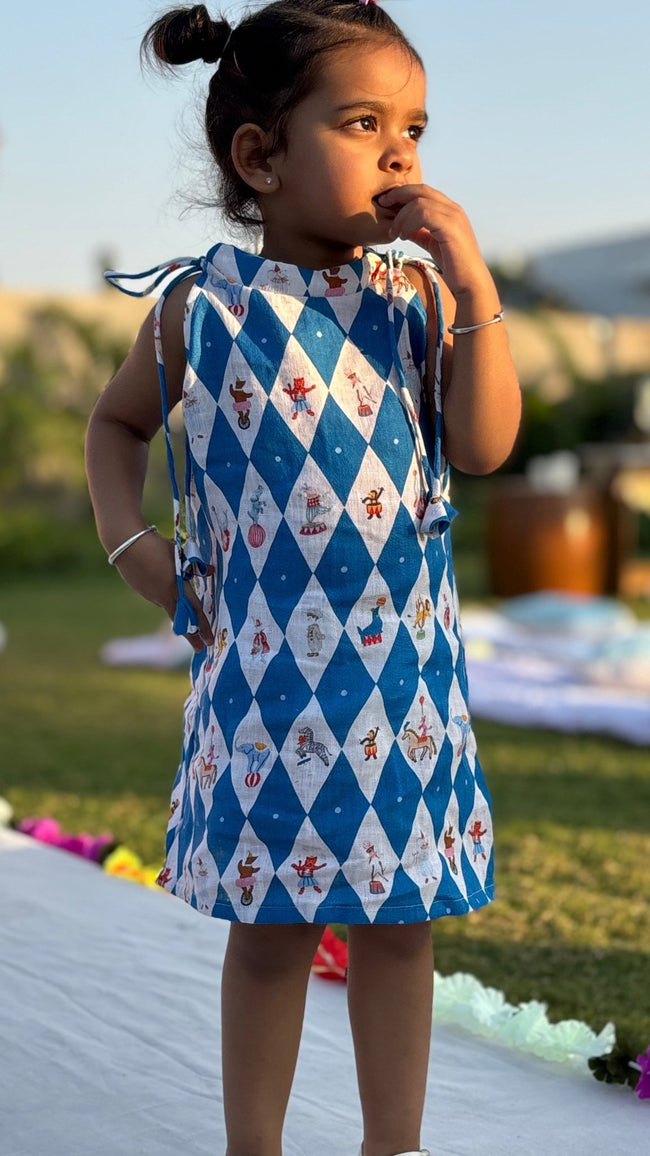 Vintage Circus Harlequin Print Premium Linen Dress - Funny Bones Clothings