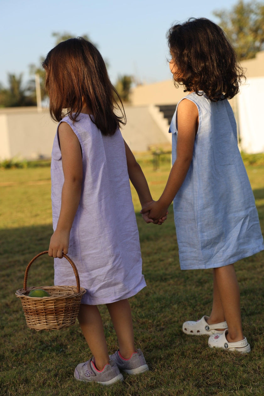 Whispering Butterflies Pure Linen Dress - Sky Blue - Funny Bones Clothings