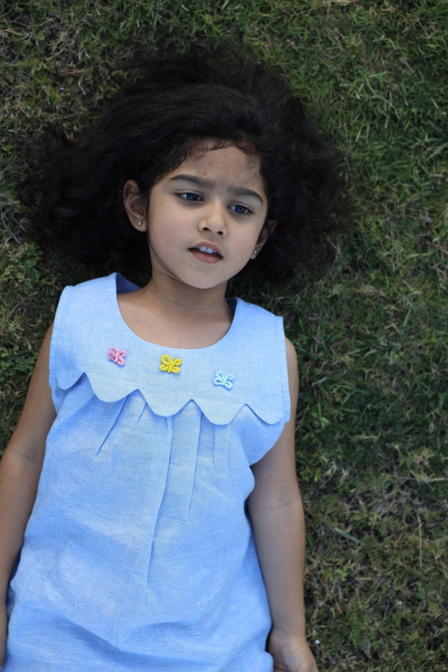Whispering Butterflies Pure Linen Dress - Sky Blue - Funny Bones Clothings