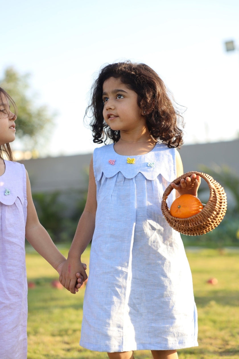 Whispering Butterflies Pure Linen Dress - Sky Blue - Funny Bones Clothings