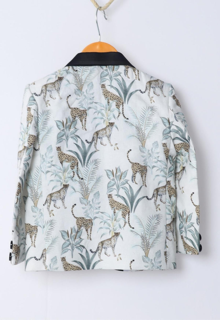 White Leopard Printed Pure Linen Blazer Set - Funny Bones Clothings