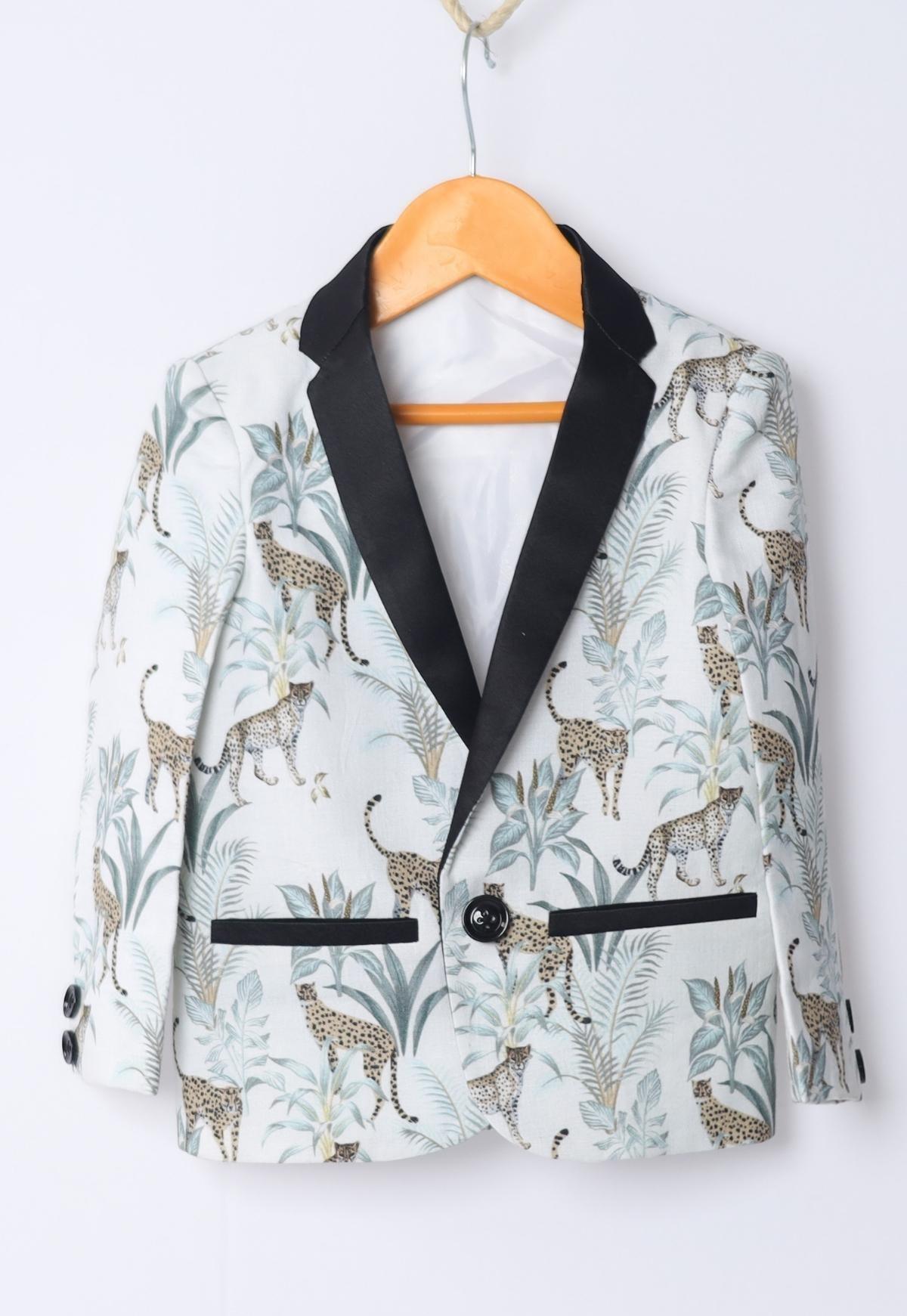 White Leopard Printed Pure Linen Blazer Set - Funny Bones Clothings