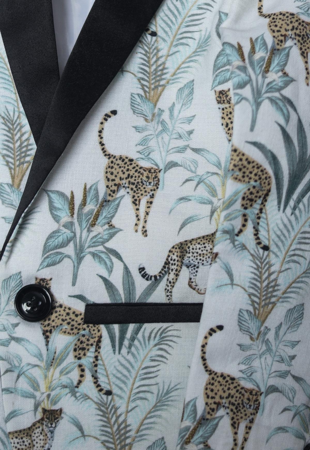 White Leopard Printed Pure Linen Blazer Set - Funny Bones Clothings